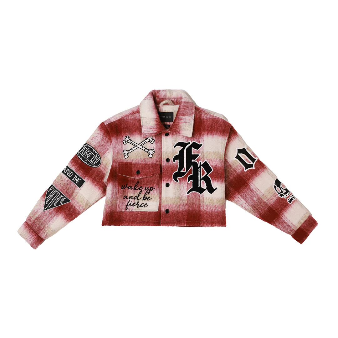 Women's First Row Wake Up & Be Fierce Crop Wool Plaid Shacket Red