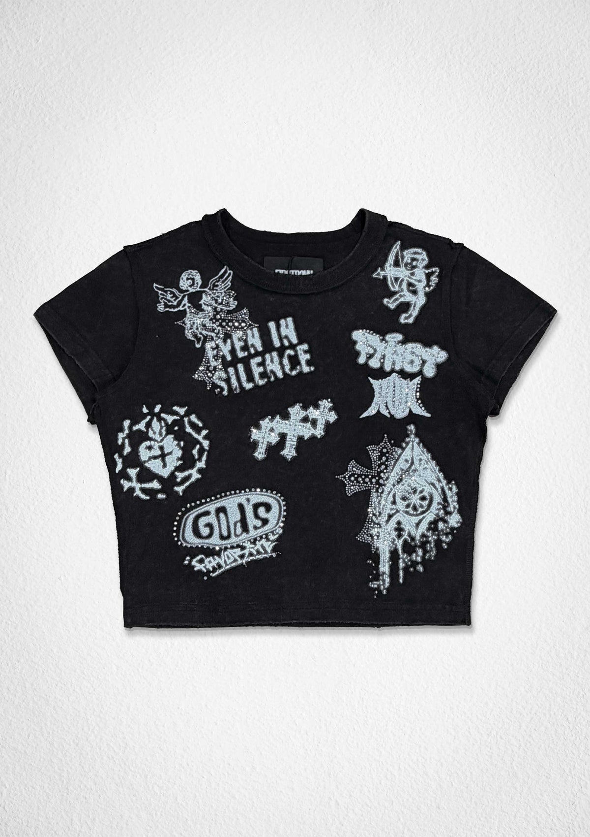 Women's First Row God's Favorite Doodles Baby Tee Black