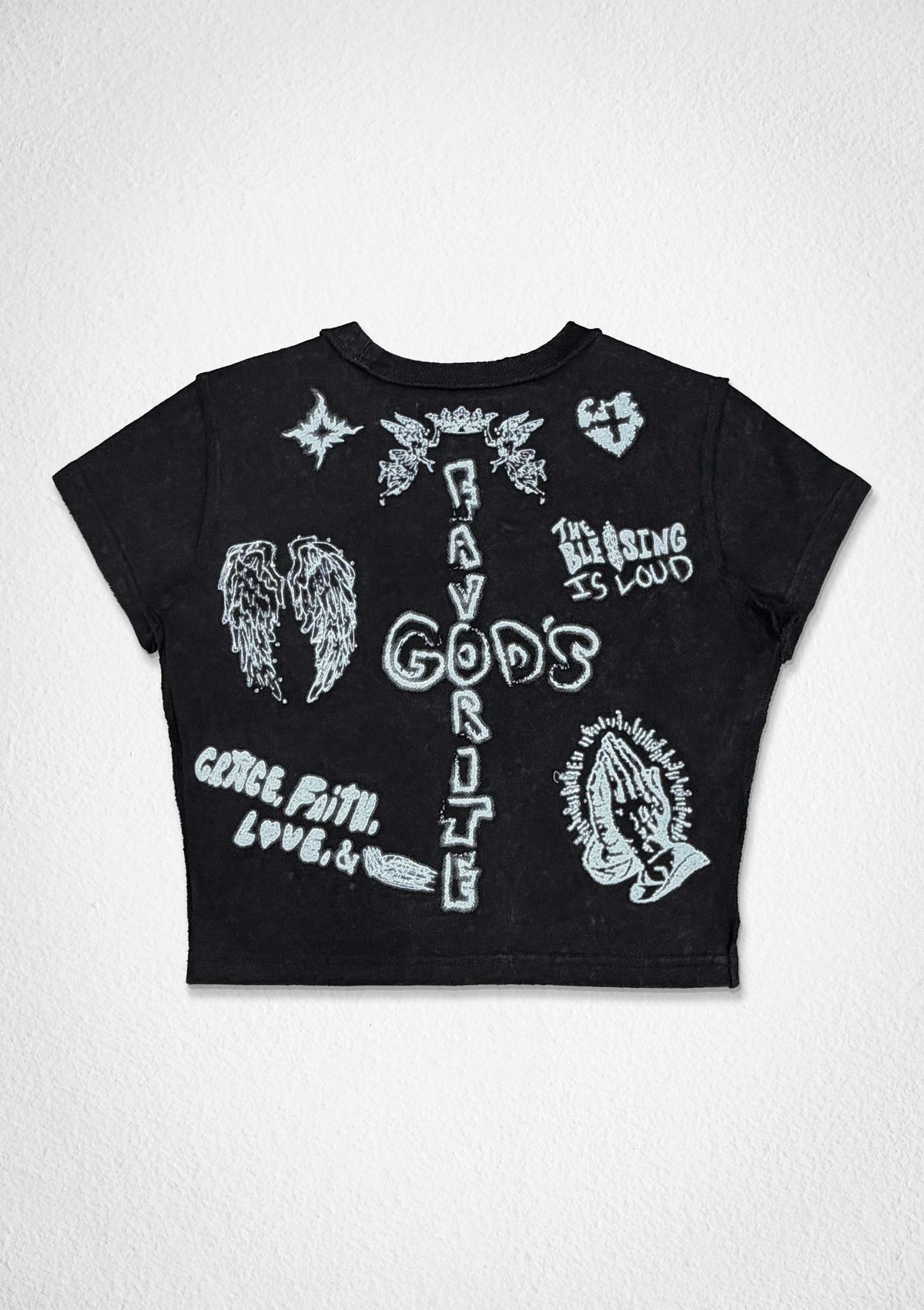 Women's First Row God's Favorite Doodles Baby Tee Black