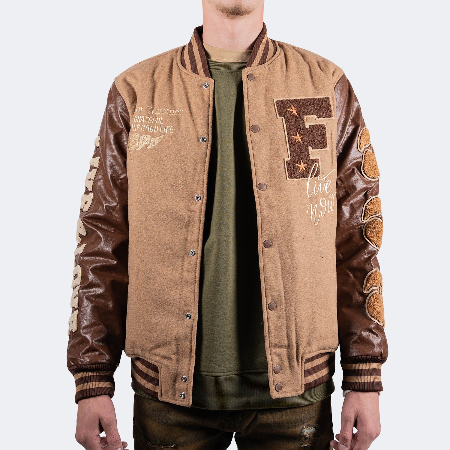 Men's TWO MILL TWENTY Live & Love Varsity Bomber Jacket Caramel