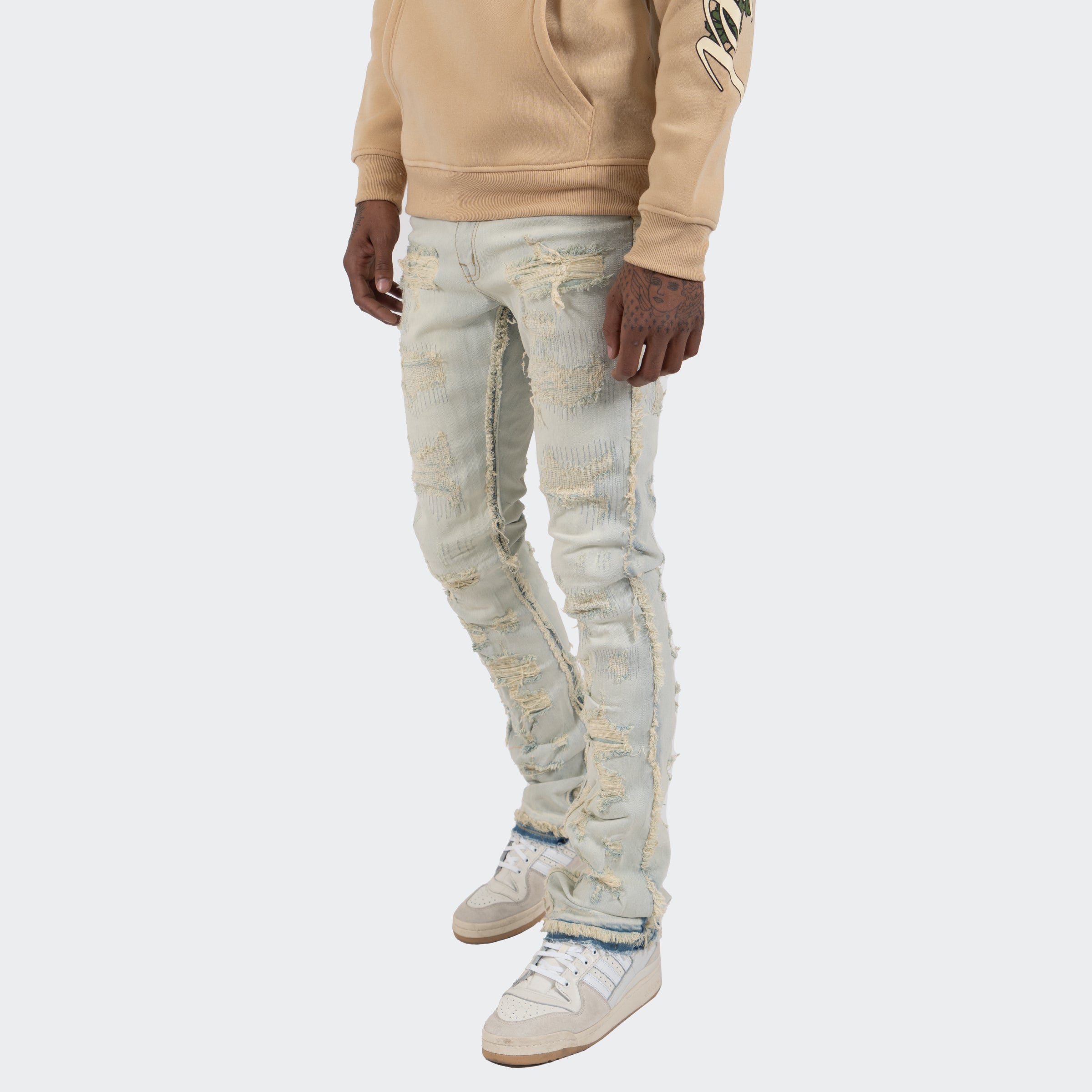 Men's TWO MILL TWENTY Avondale Frayed Stacked Skinny Flare Leg Jeans Light Vintage