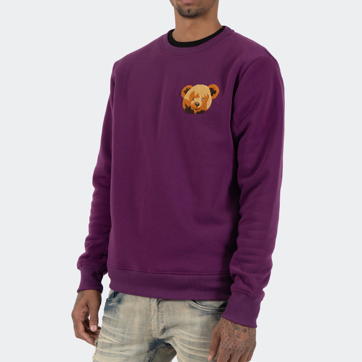 Men's TWO MILL TWENTY Shrink Wrap Teddy Bear Crewneck Sweatshirt Grape