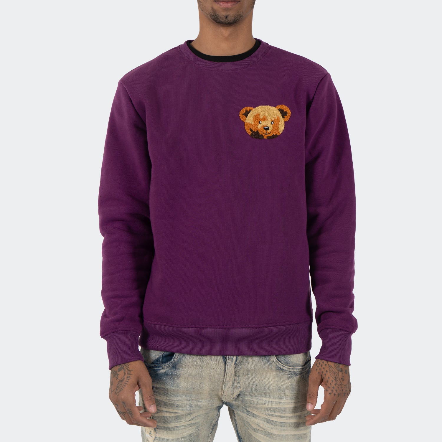 Men's TWO MILL TWENTY Shrink Wrap Teddy Bear Crewneck Sweatshirt Grape