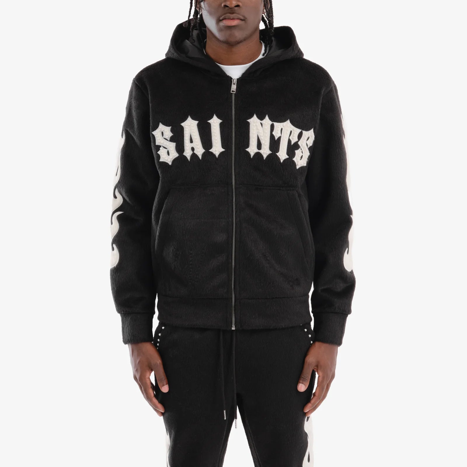 Men's Copper Rivet Saints Mohair Hoodie Pearl Details Black