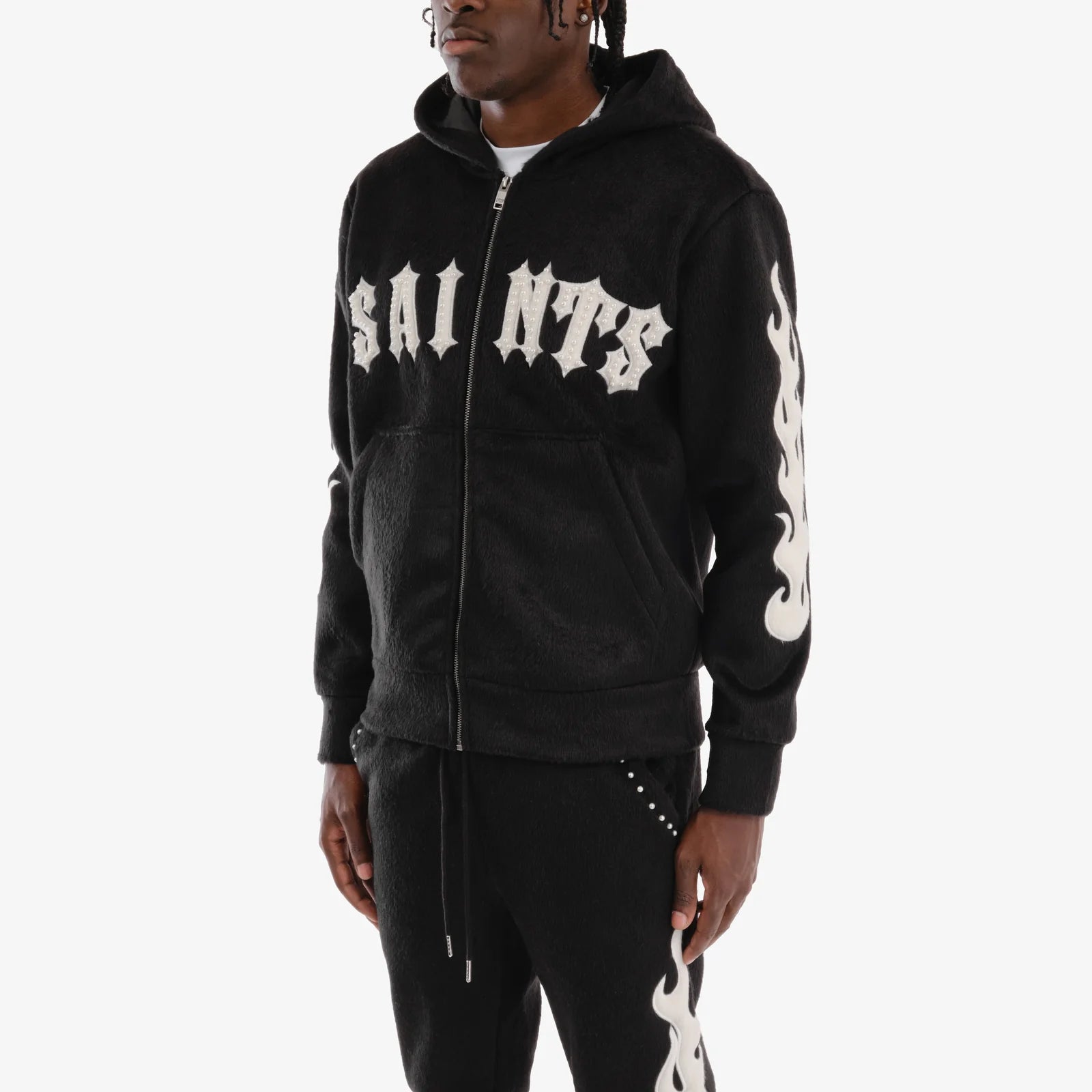 Men's Copper Rivet Saints Mohair Hoodie Pearl Details Black