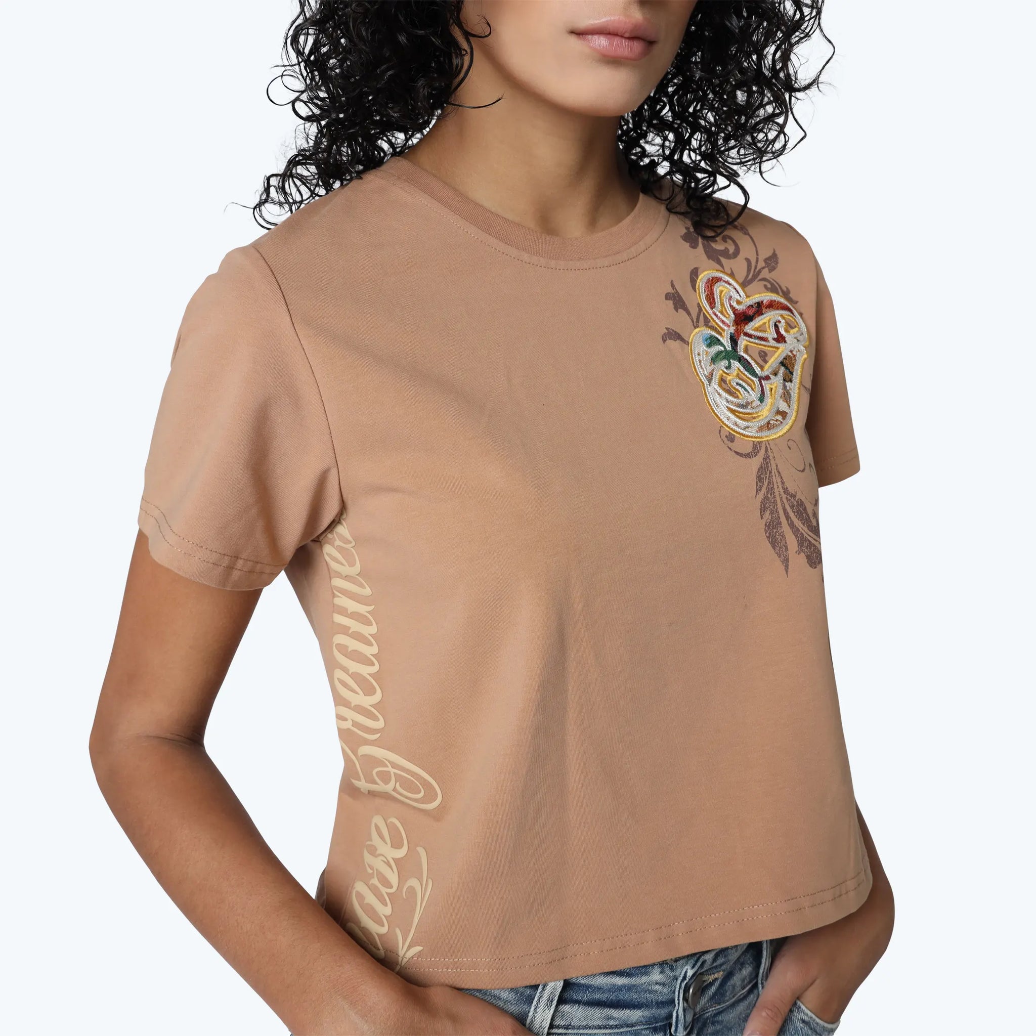 Women's Smoke Rise Cropped Tapestry Patched T-Shirt Burro