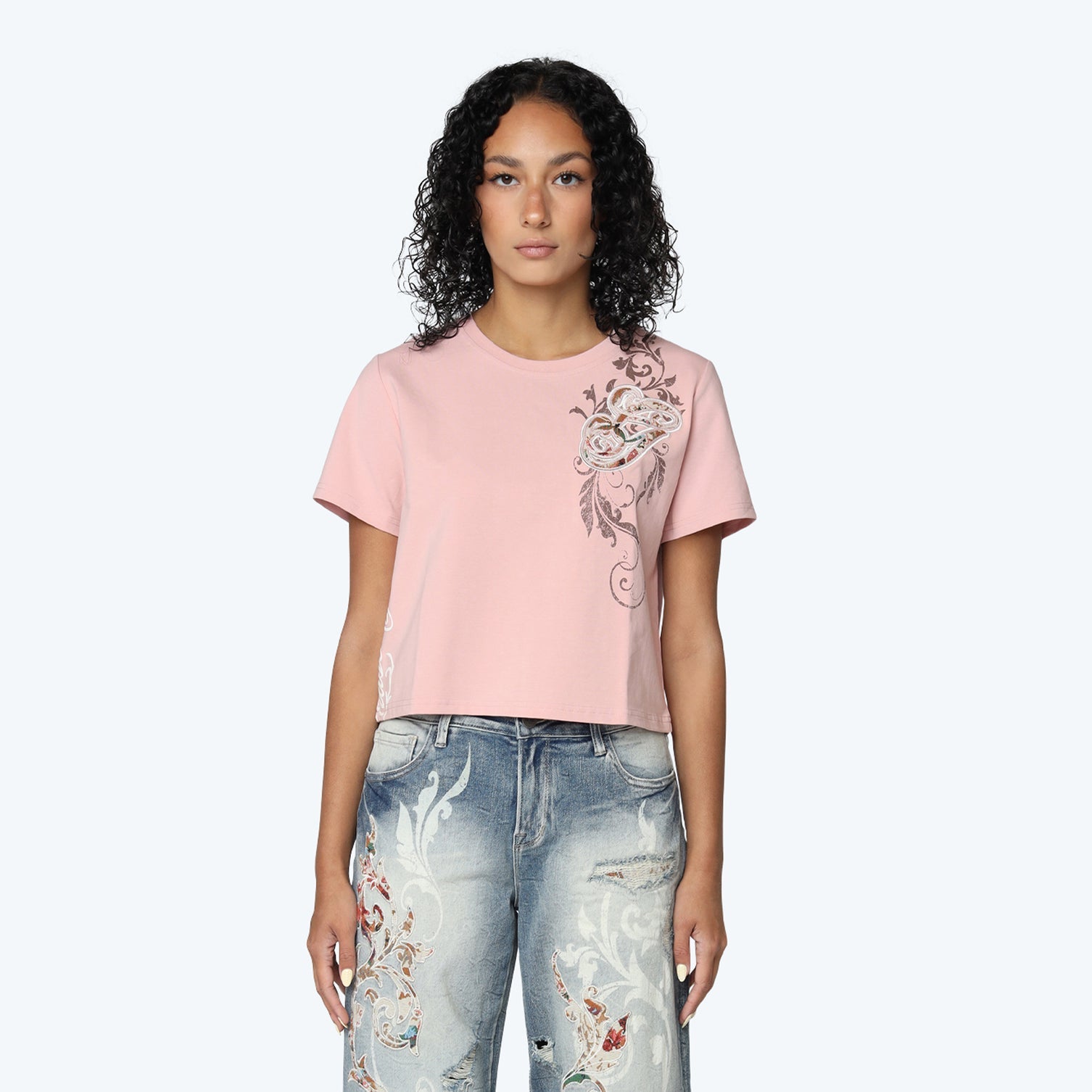 Women's Smoke Rise Cropped Tapestry Patched T-Shirt Silver Pink