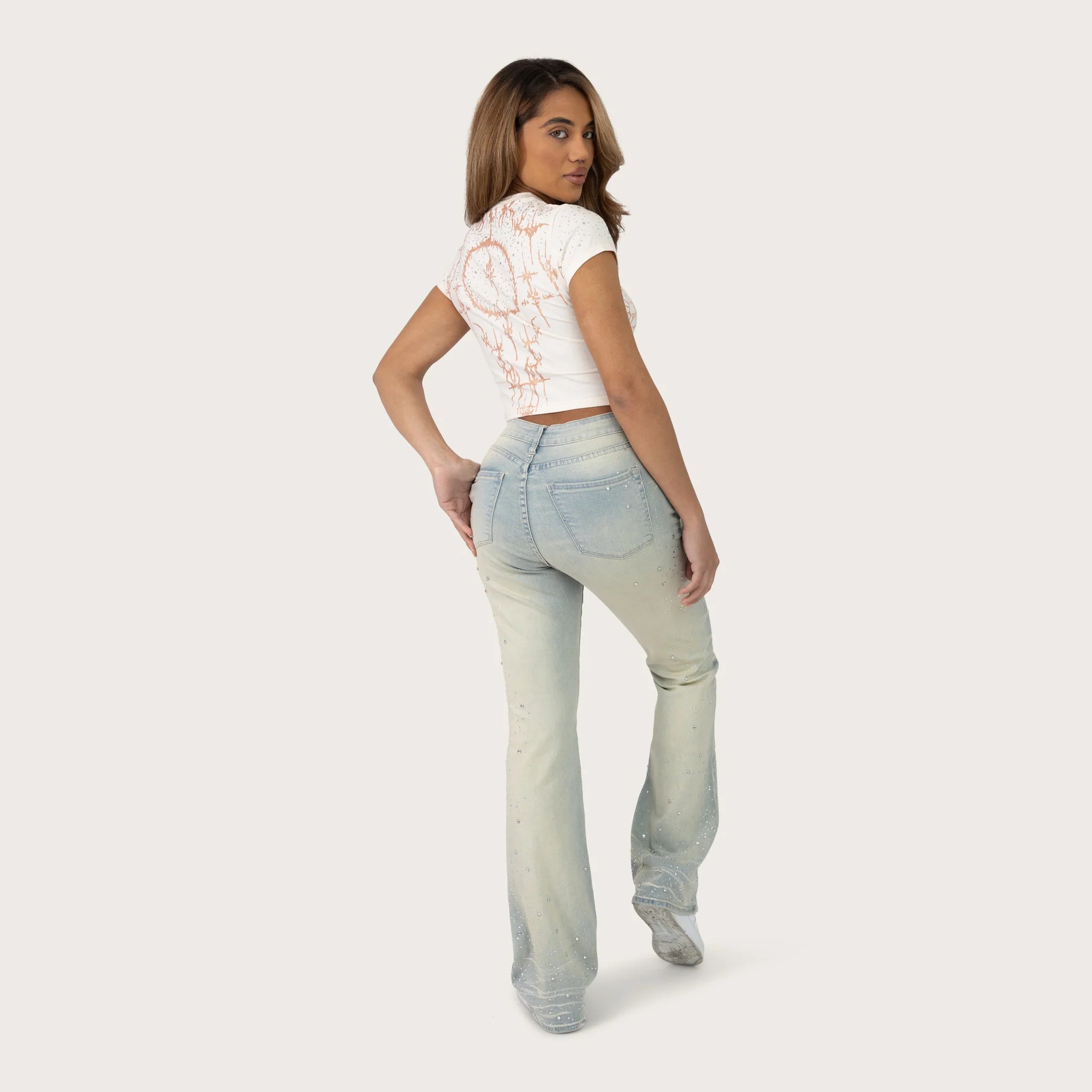 Women's Smoke Rise Red High Rise Bootcut Rhinestone Jeans Dolphin Blue