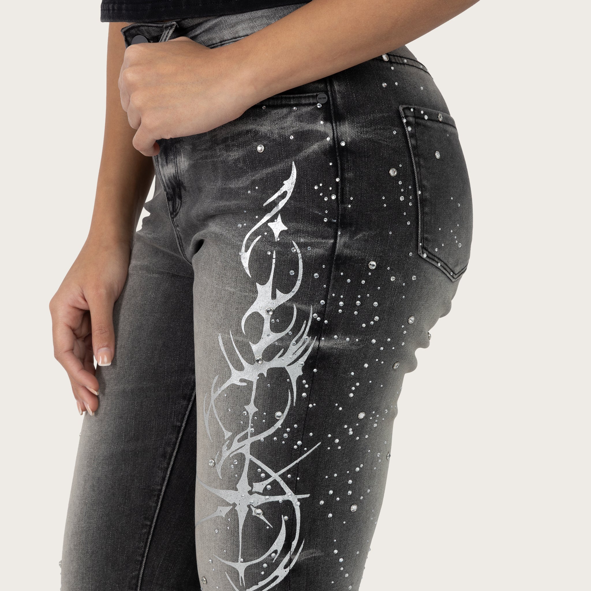 Women's Smoke Rise Red High Rise Bootcut Rhinestone Jeans Orca Black