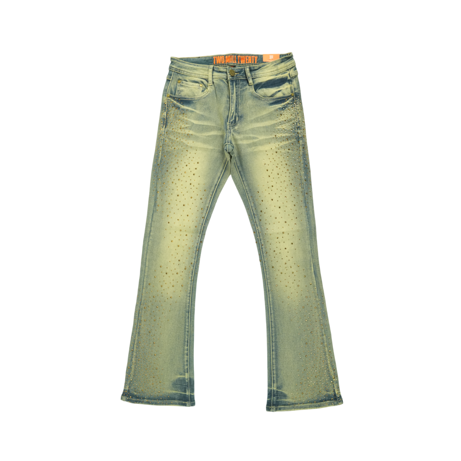 Men's TWO MILL TWENTY Flare Leg Gold Rhinestone Jeans Vintage Blue