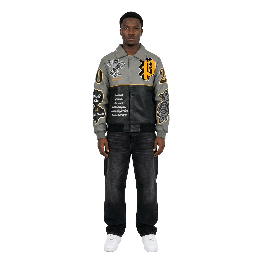 Men's TWO MILL TWENTY Pegasus Varsity Bomber Jacket Grey / Black