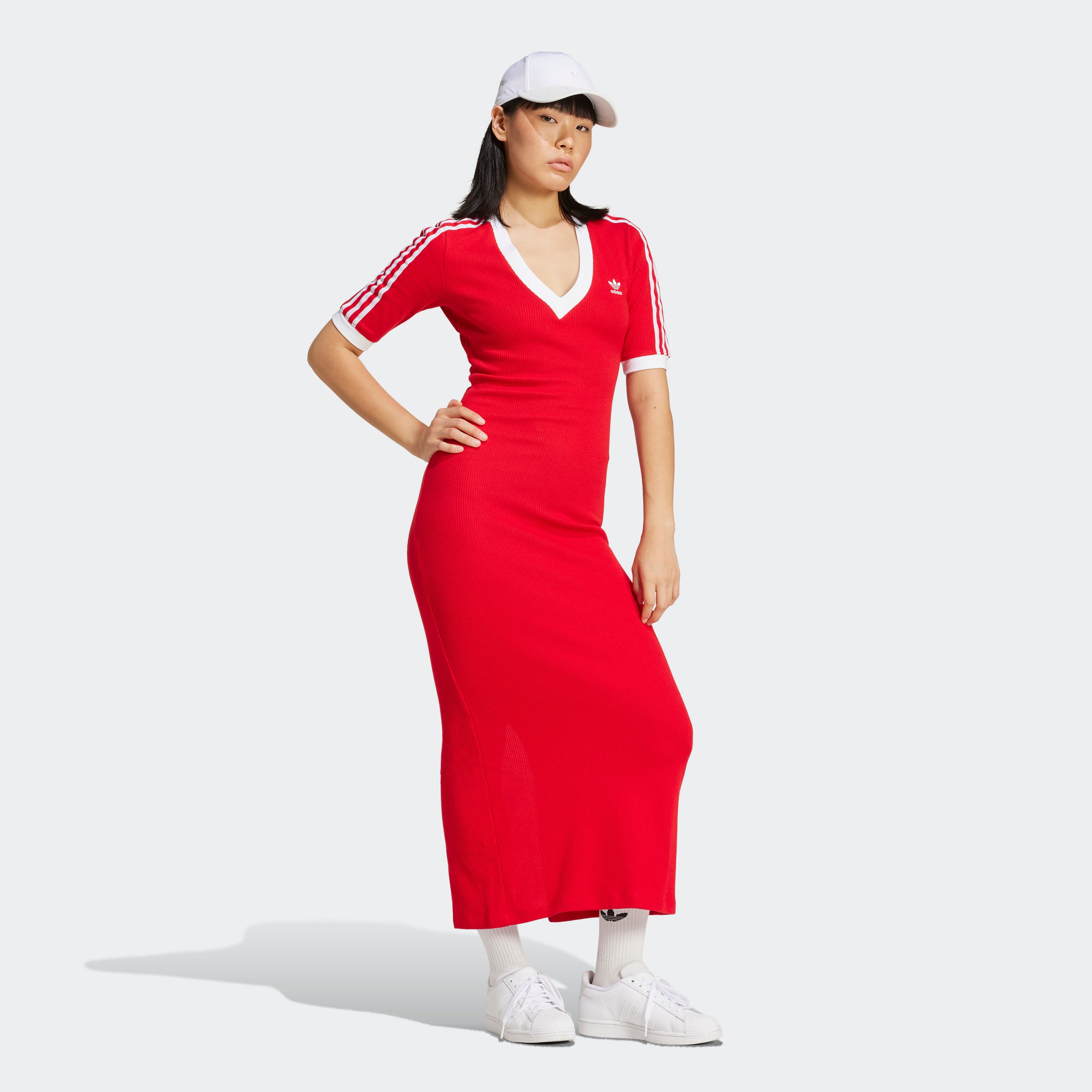 Women's adidas Originals Adicolor 3-Stripes Knit V-Neck Dress Better Scarlet