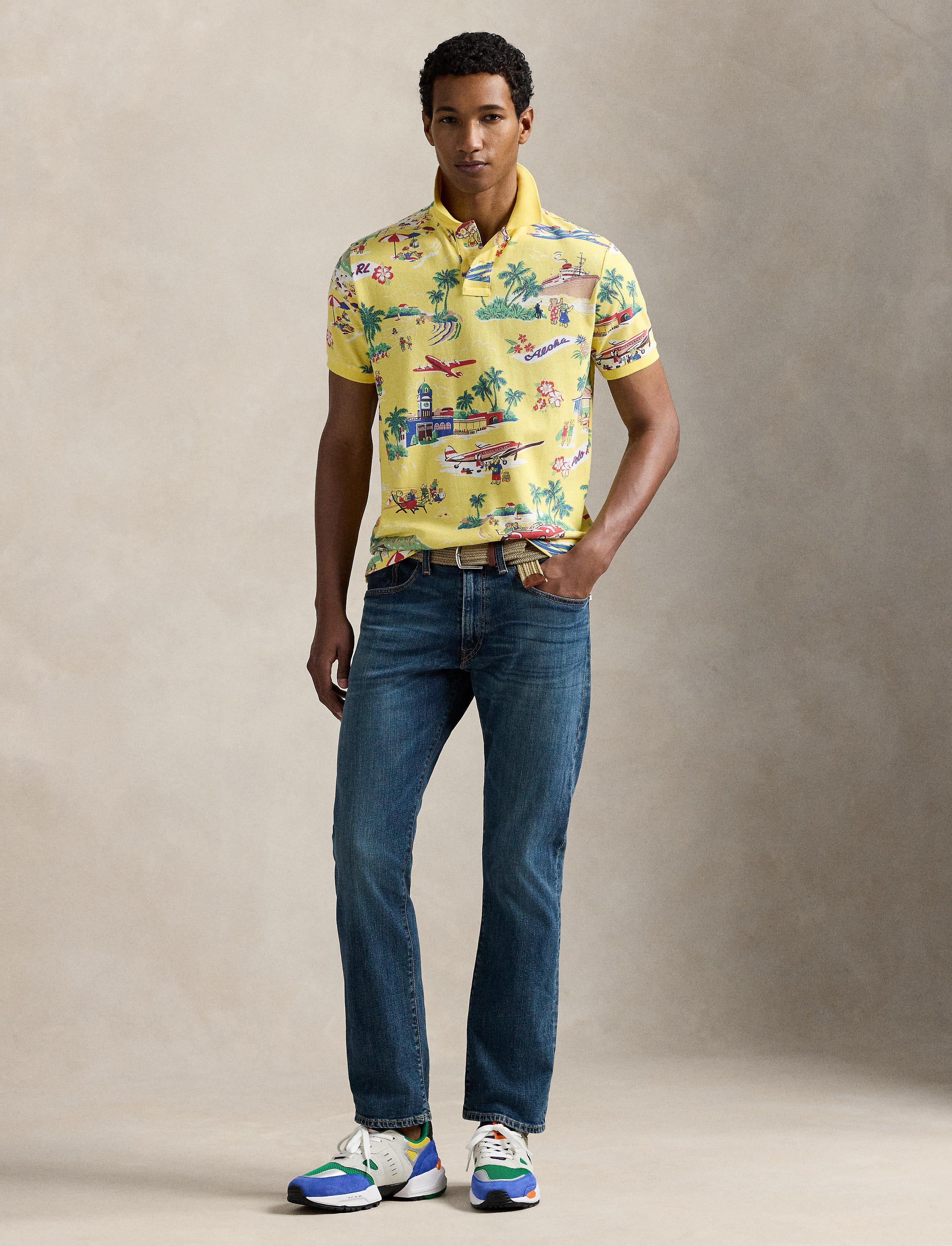 Men's Polo Ralph Lauren Classic Fit Polo Bear Mesh Polo Shirt Holiday Bear Yellow