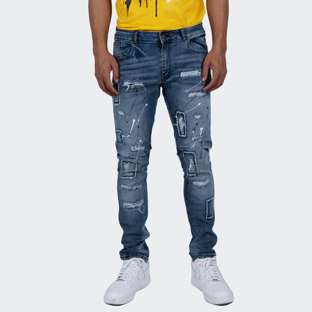 Men's TWO MILL TWENTY "Jackson" Slim Fit Distressed Denim Jeans Medium Blue