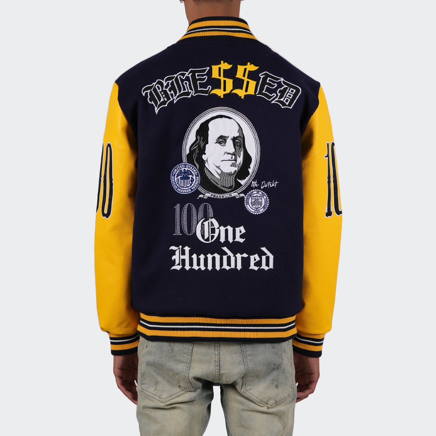 Men's TWO MILL TWENTY Blessed Money Varsity Bomber Jacket Navy