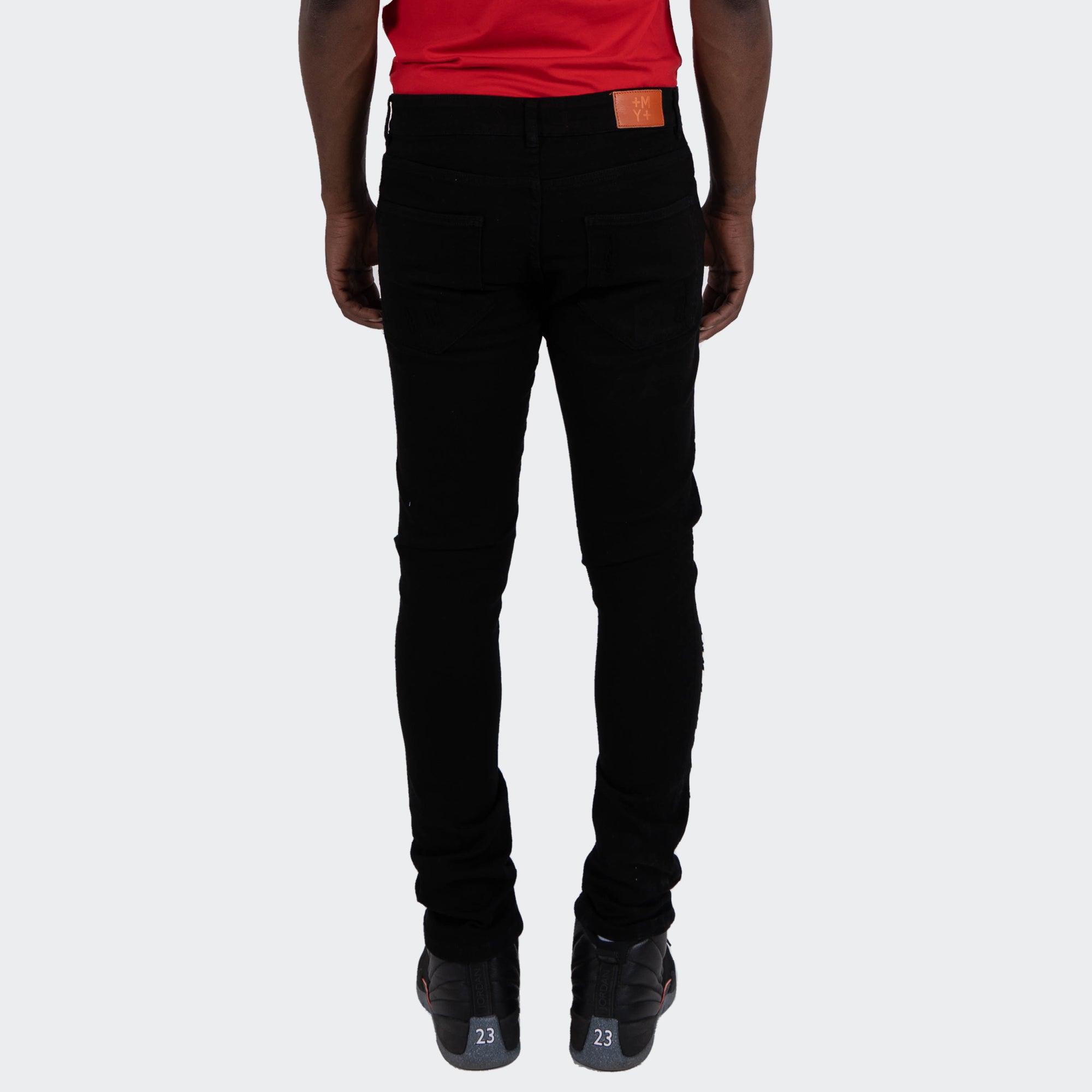 Men's TWO MILL TWENTY "Elston" Slim Skinny Scratched Stitch Repaired Urban Streetwear Designer Fashion Denim Jeans Black