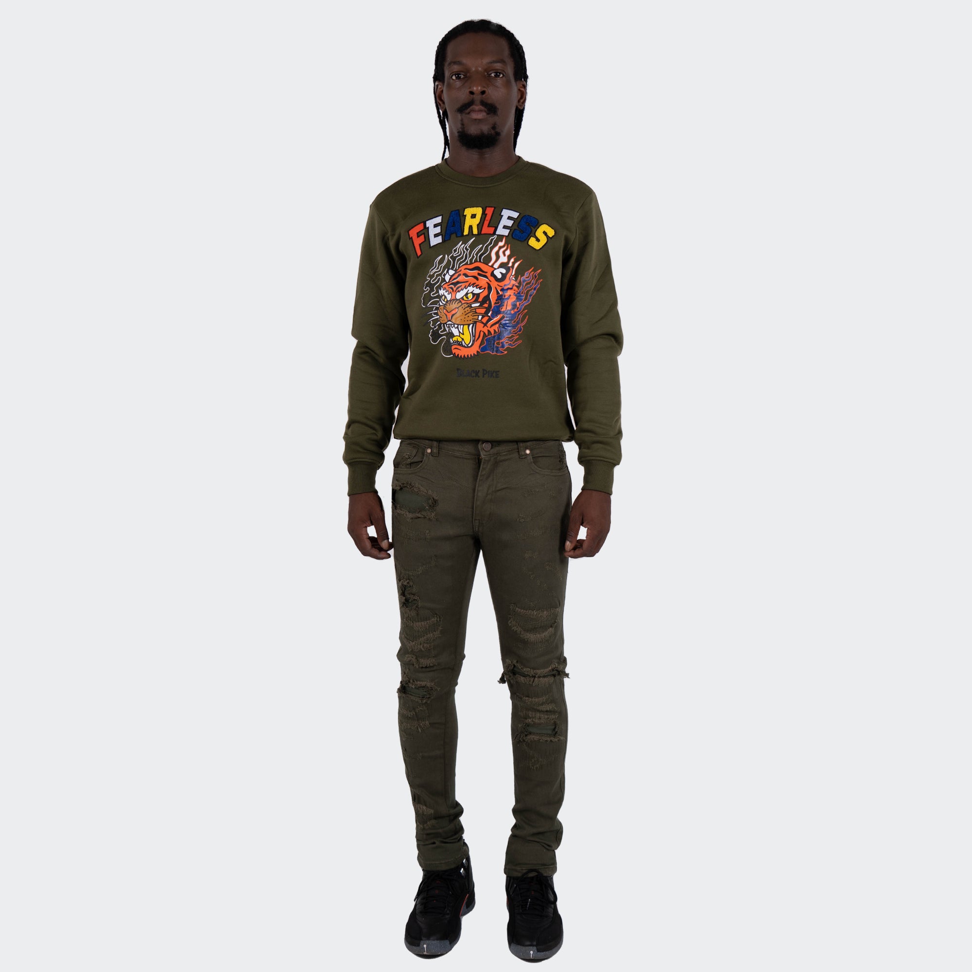 Men's TWO MILL TWENTY "Ogden" Slim Skinny Ripped Torn Stitched Patched Urban Streetwear Designer Denim Jeans Olive