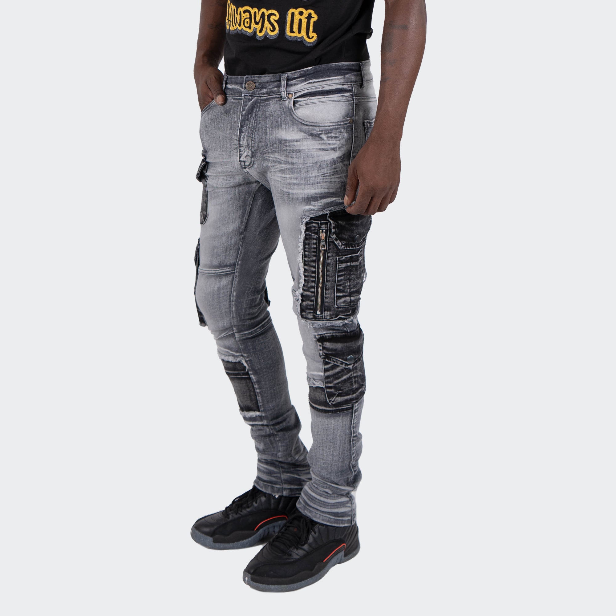 Men's TWO MILL TWENTY "Winchester" Slim Skinny Acid Wash Cargo Pocket Urban Streetwear Designer Denim Jeans Grey Acid