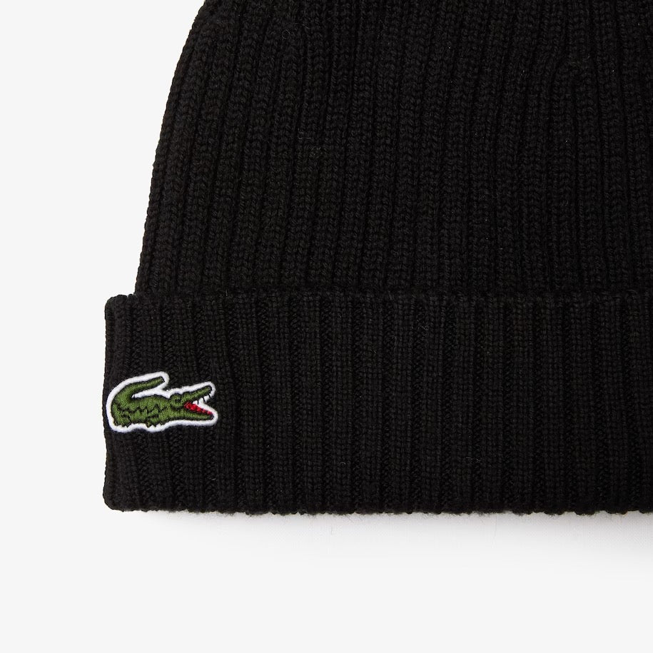 Unisex Lacoste Ribbed Wool Beanie Black