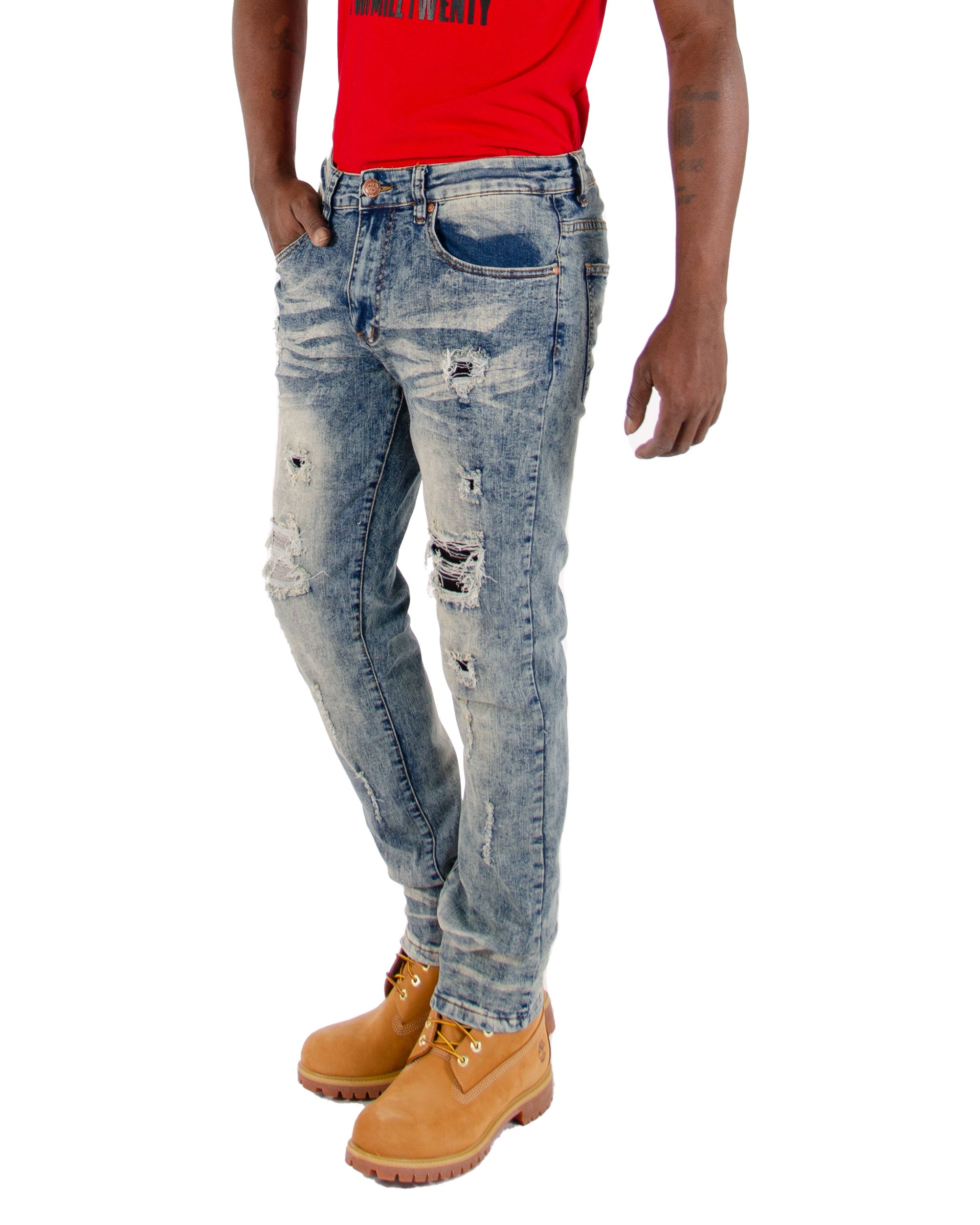 Men's TWO MILL TWENTY "Quincy" Slim Fit Rip & Repair Jeans Vintage Blue Acid Wash