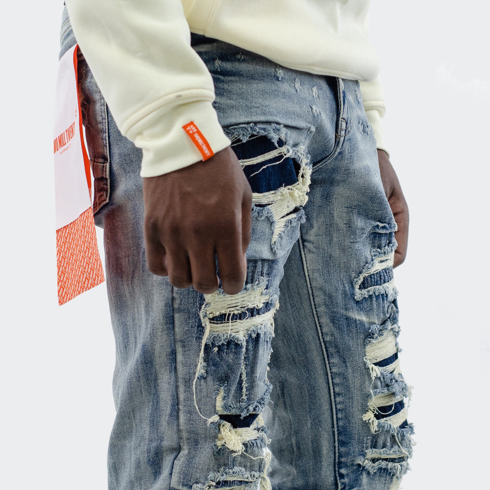 Men's TWO MILL TWENTY "Wrigley" Rip Torn Destroyed Skinny Denim Jeans Aspen Blue