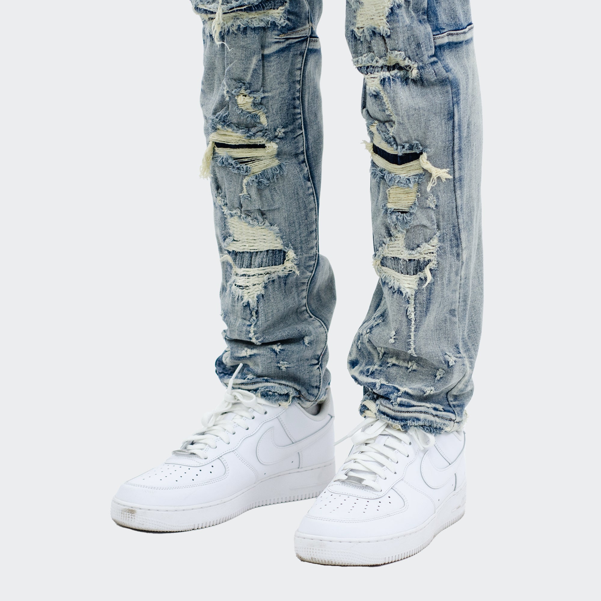 Men's TWO MILL TWENTY "Wrigley" Rip Torn Destroyed Skinny Denim Jeans Aspen Blue