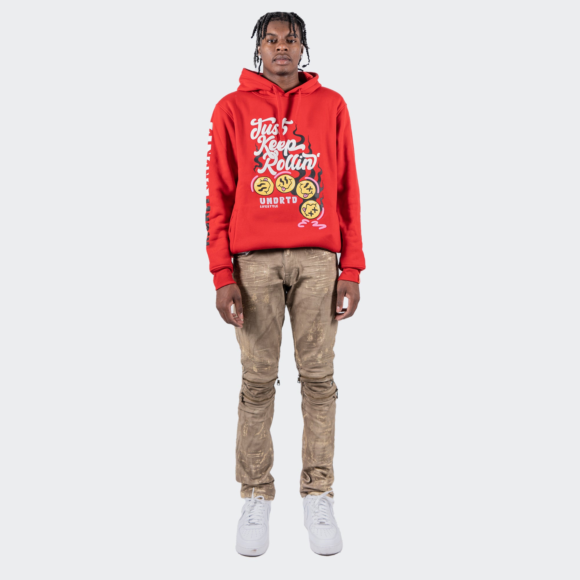 Men's TWO MILL TWENTY "Cicero" Distressed Paint Splatter Zip Knee Slim Fit Urban Moto Denim Jeans Hazelnut