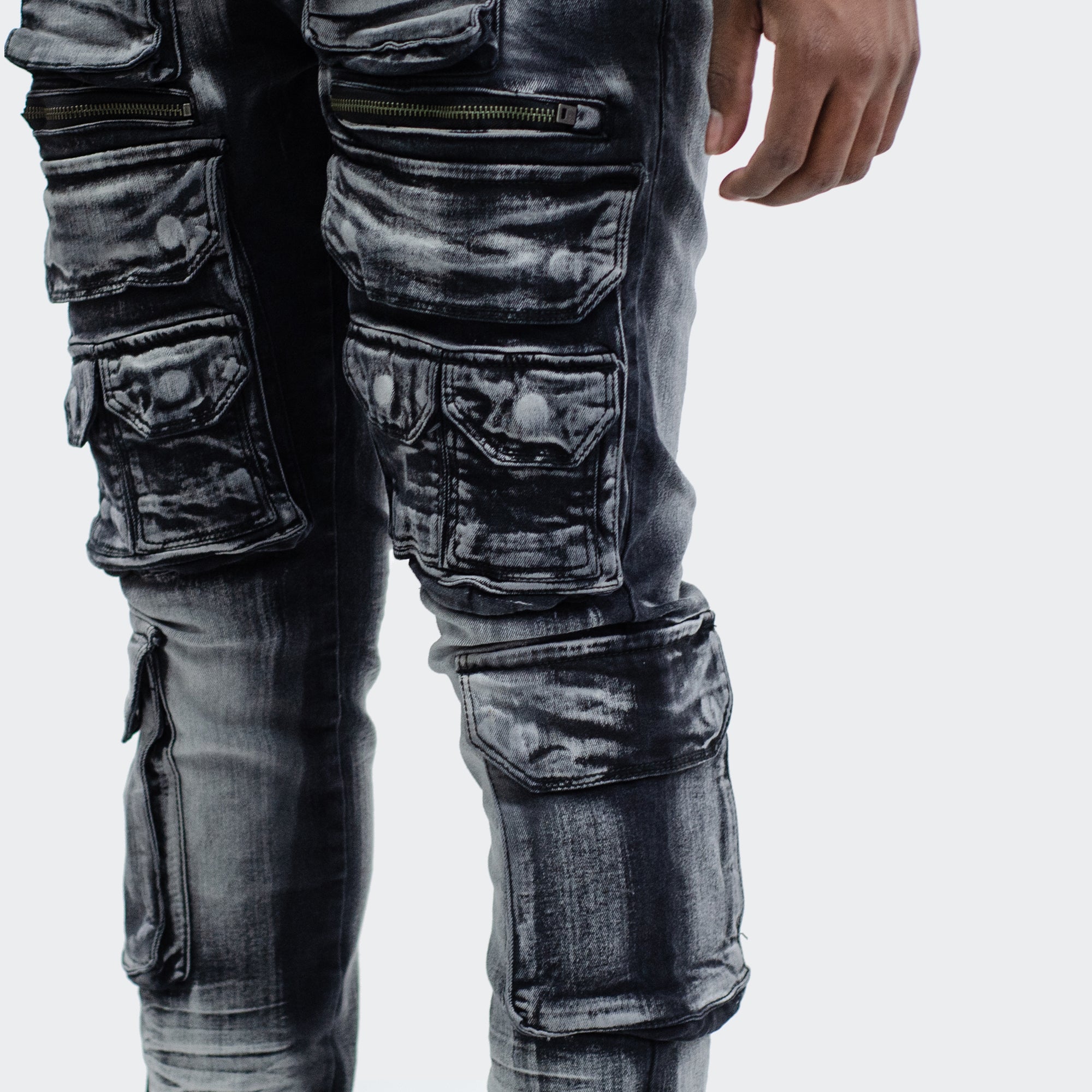 Men's TWO MILL TWENTY "Austin" Utility Pocket Fashion Skinny Denim Jeans Black Wash