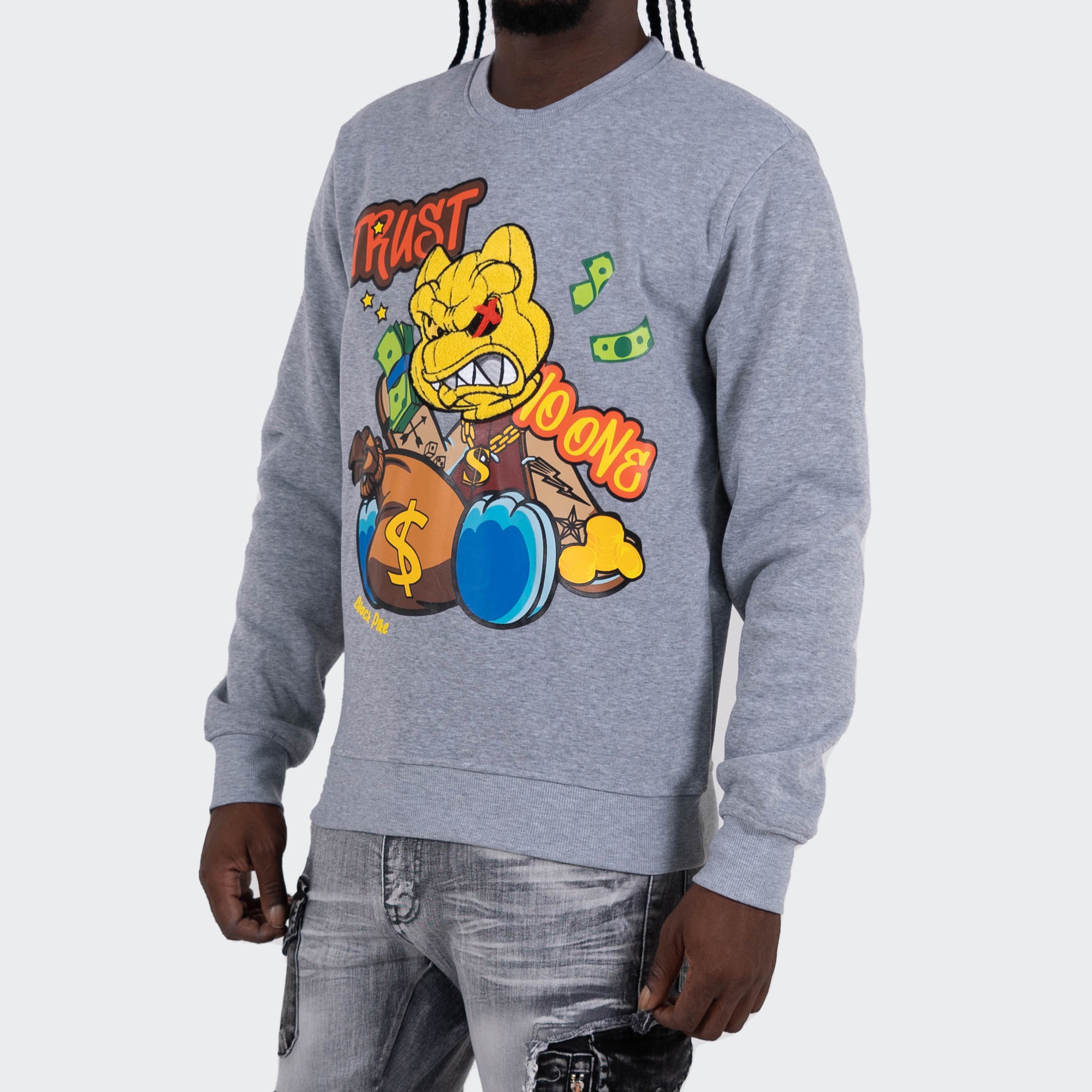 Men's TWO MILL TWENTY "Trust No One" Graphic Embroidered Sweatshirt Heather Grey