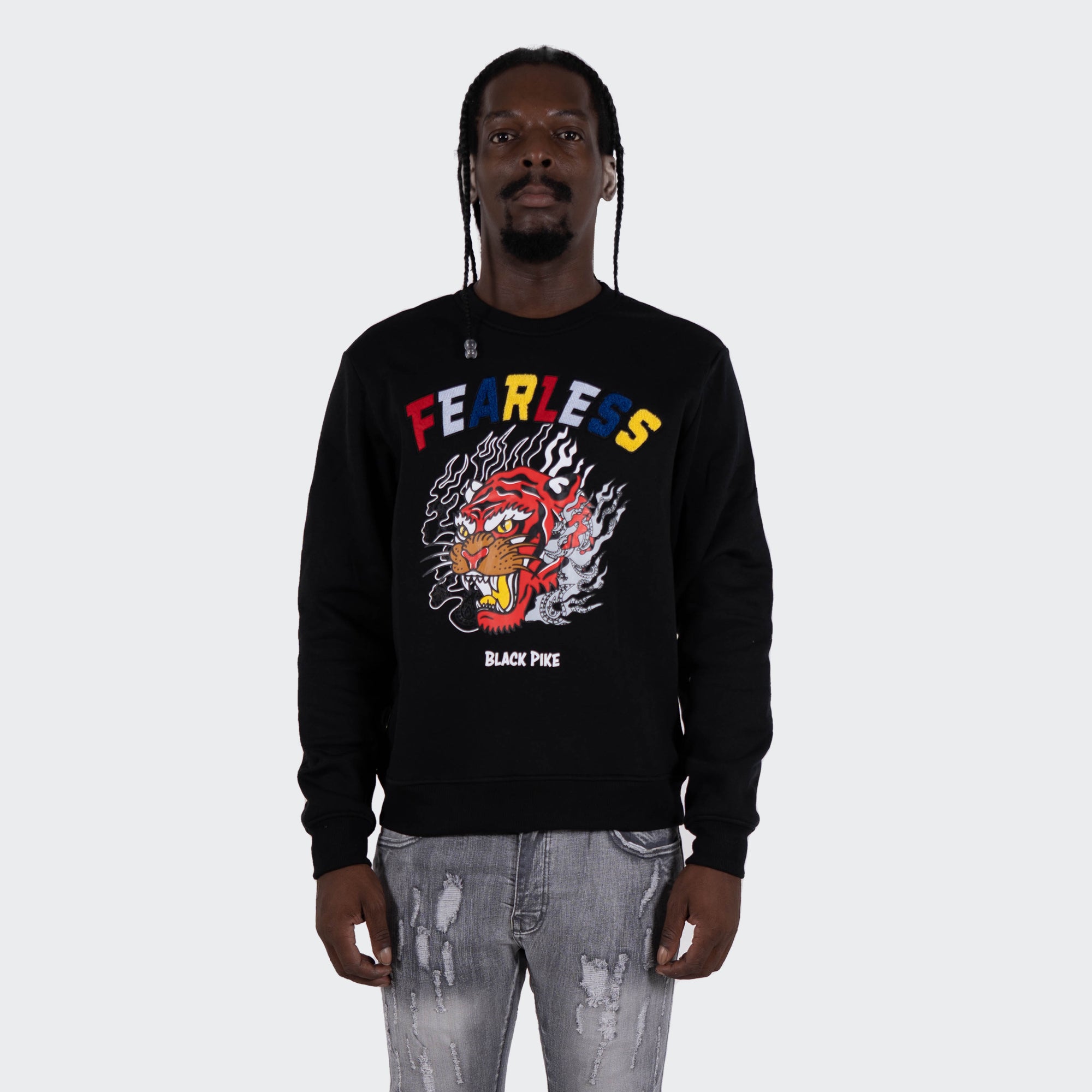 Men's TWO MILL TWENTY "Fearless" Tiger Graphic Multi Texture Sweatshirt Black