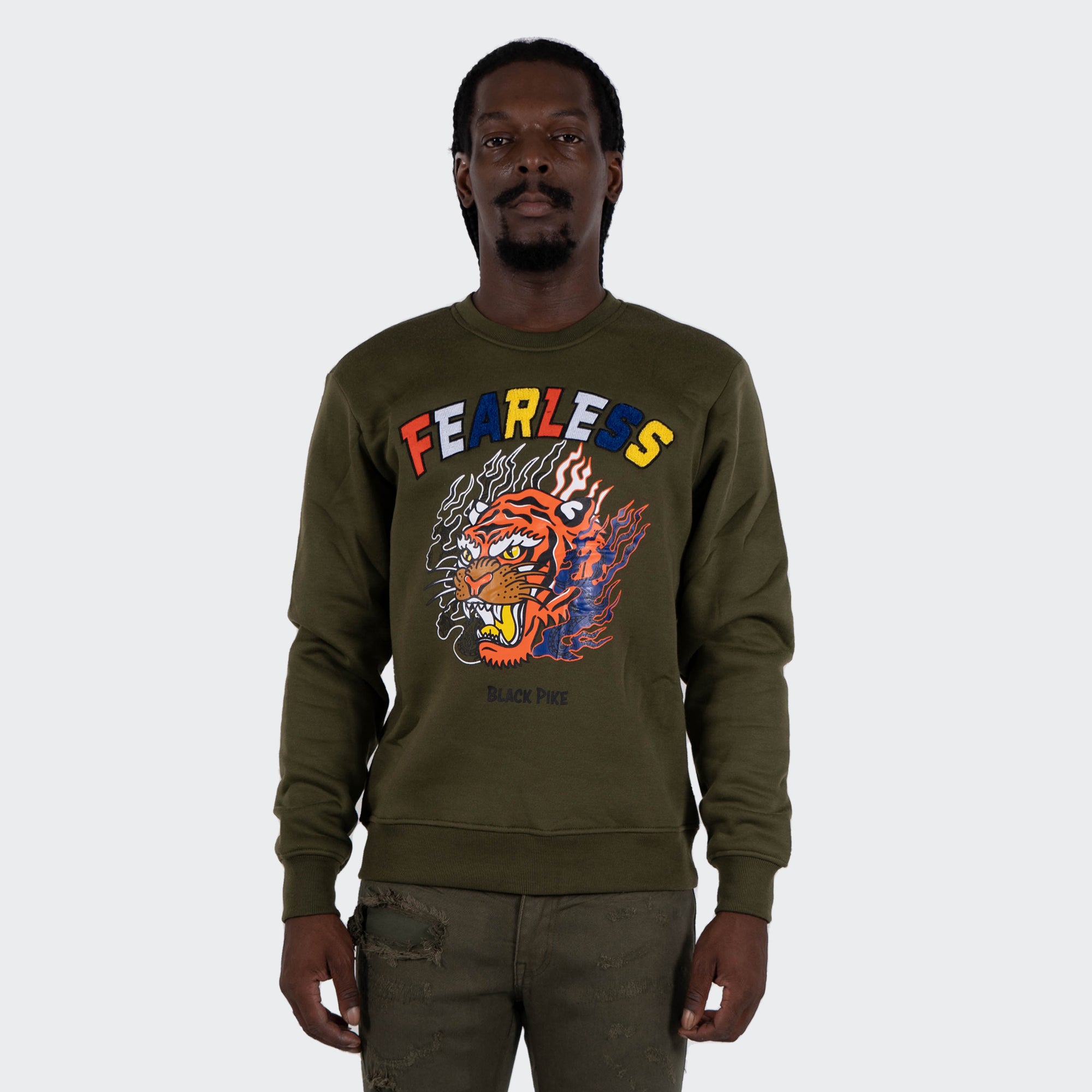 Men's TWO MILL TWENTY "Fearless" Tiger Graphic Multi Texture Sweatshirt Olive