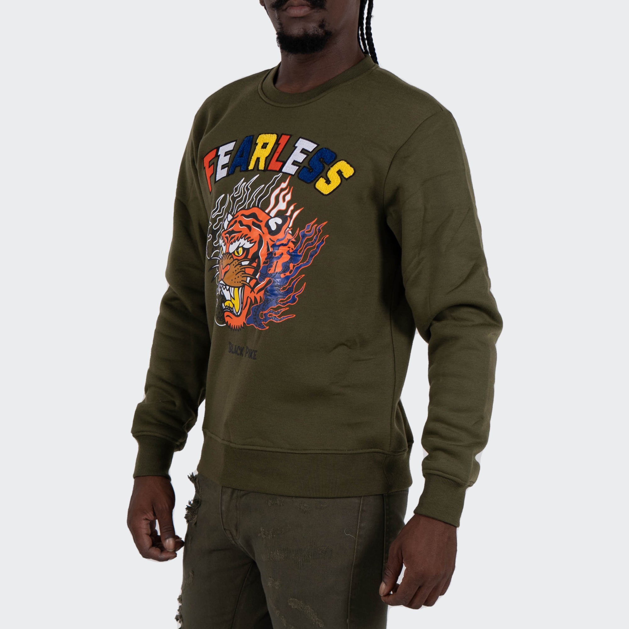 Men's TWO MILL TWENTY "Fearless" Tiger Graphic Multi Texture Sweatshirt Olive