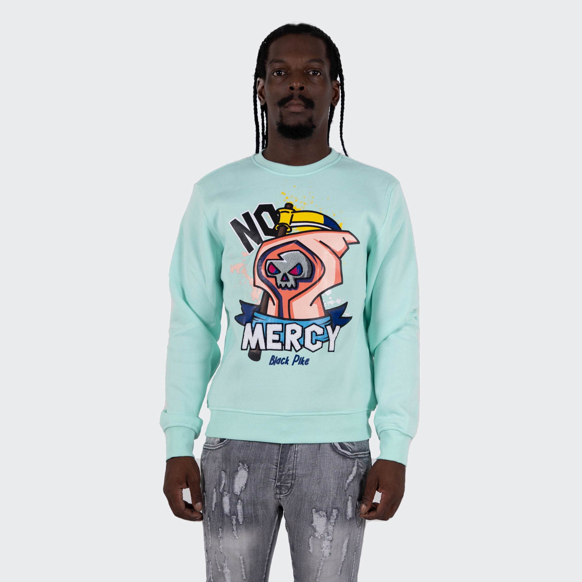 Men's TWO MILL TWENTY "No Mercy" Graphic Embroidered Sweatshirt Mint Green