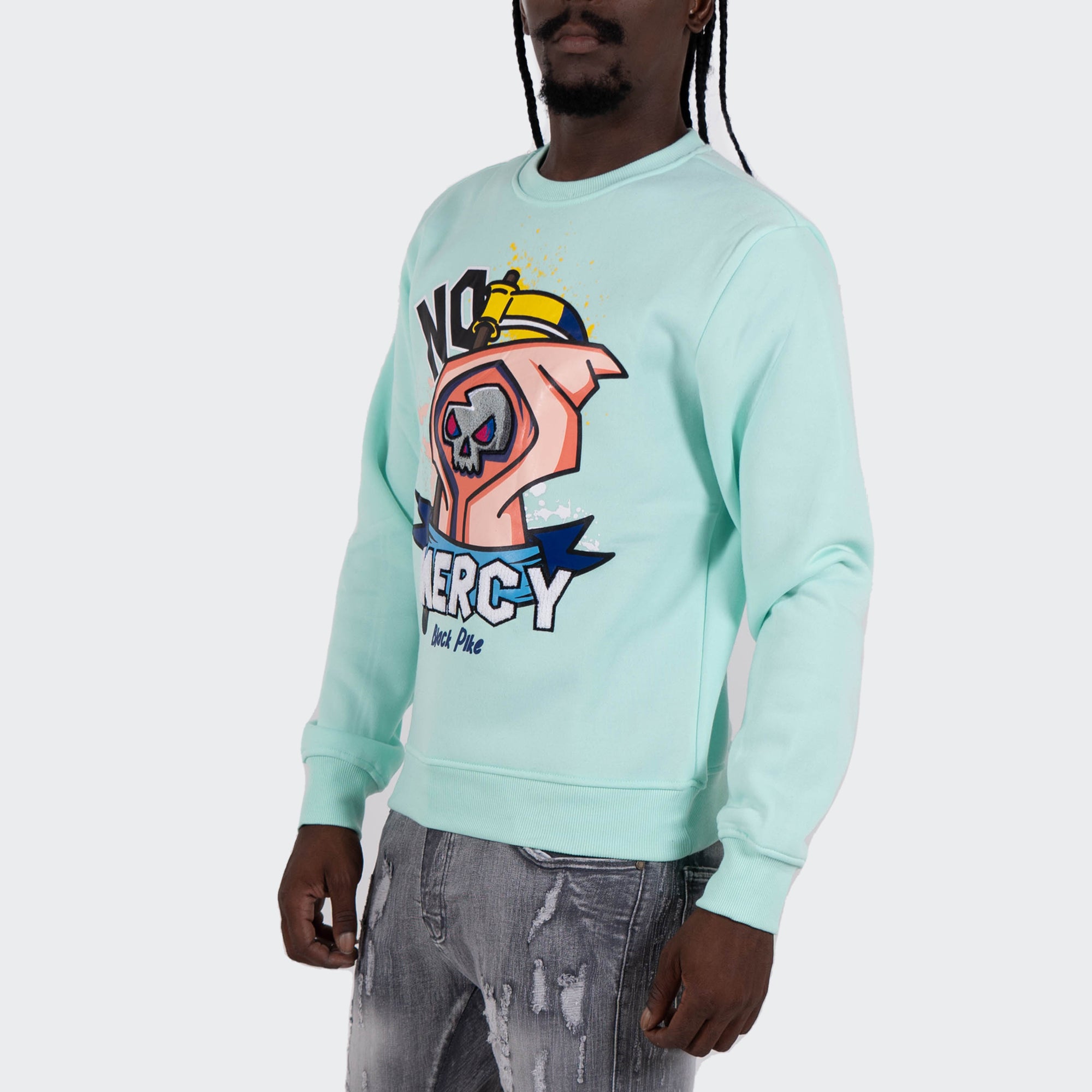 Men's TWO MILL TWENTY "No Mercy" Graphic Embroidered Sweatshirt Mint Green