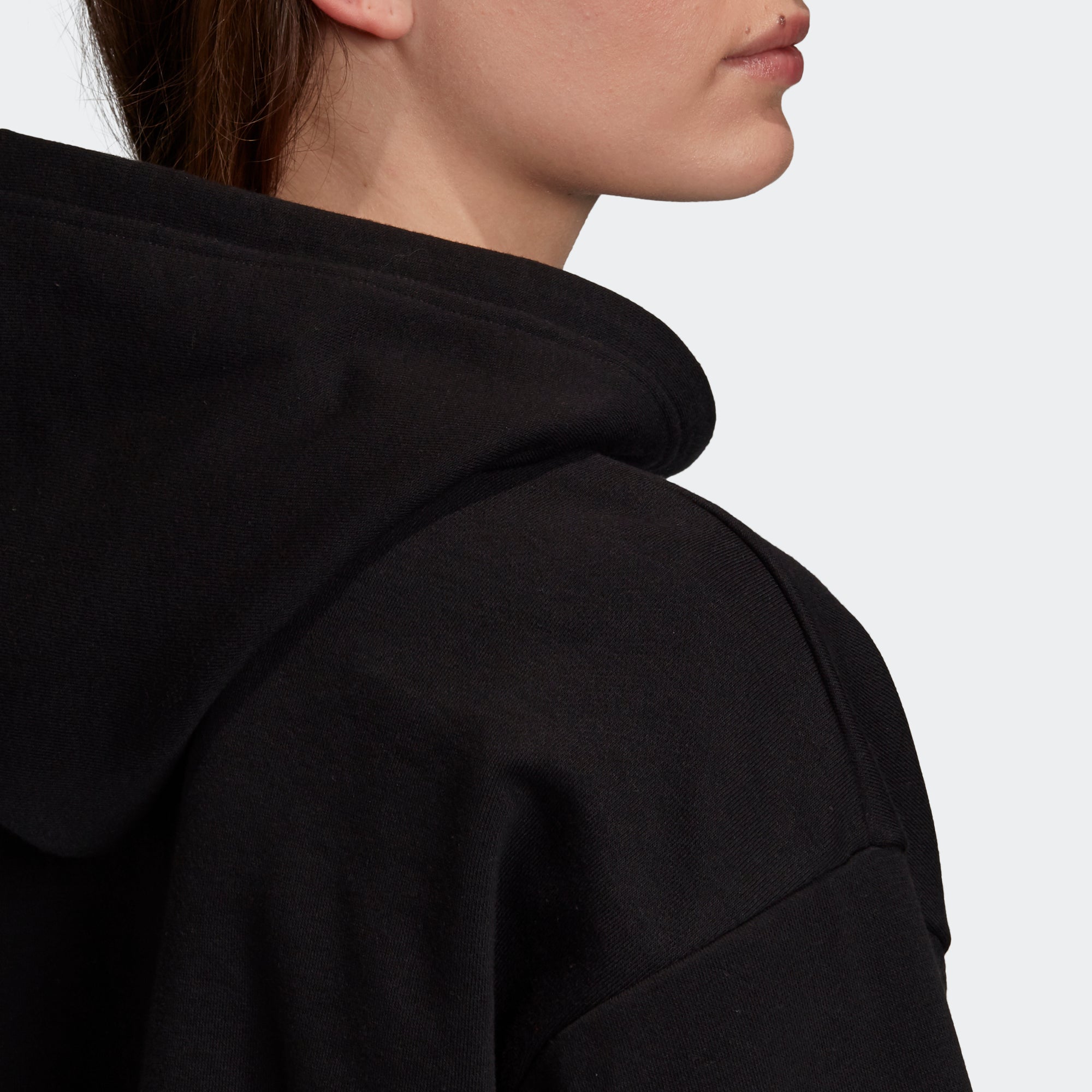 Women's adidas Essentials Trefoil Hoodie Black GD4291 | Chicago City Sports | shoulder view