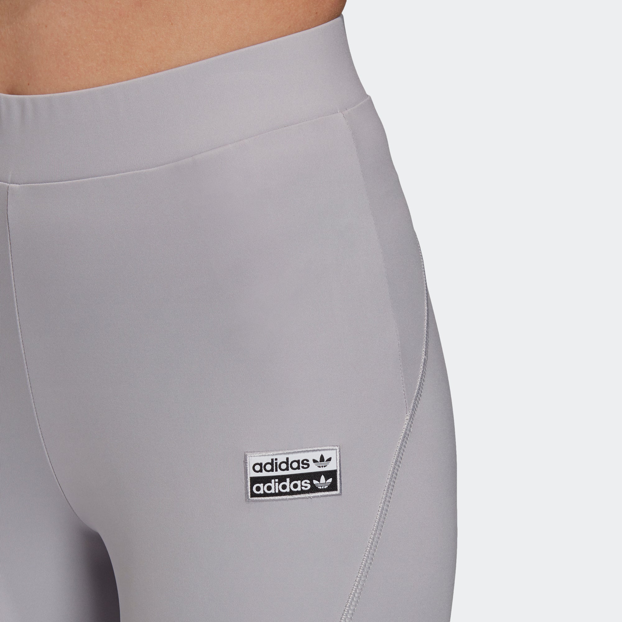 Women's adidas Originals R.Y.V. Leggings Glory Grey GK0695 | Chicago City Sports | waistband and logo on hip view
