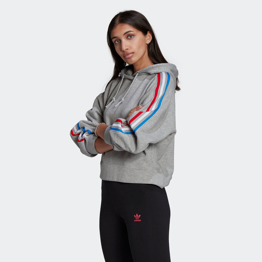 Women's adidas Originals Tricolor Trefoil Crop Hoodie Grey GN2855 | Chicago City Sports | front view on model