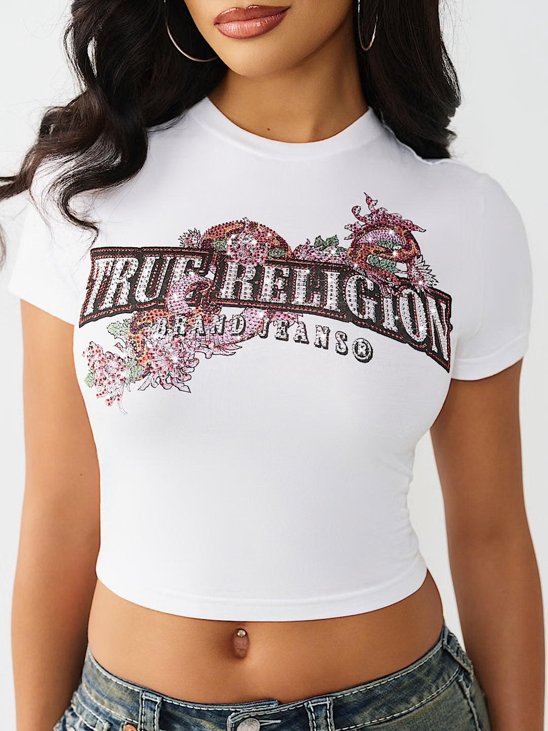Women's True Religion Crystal Snake Baby Tee White