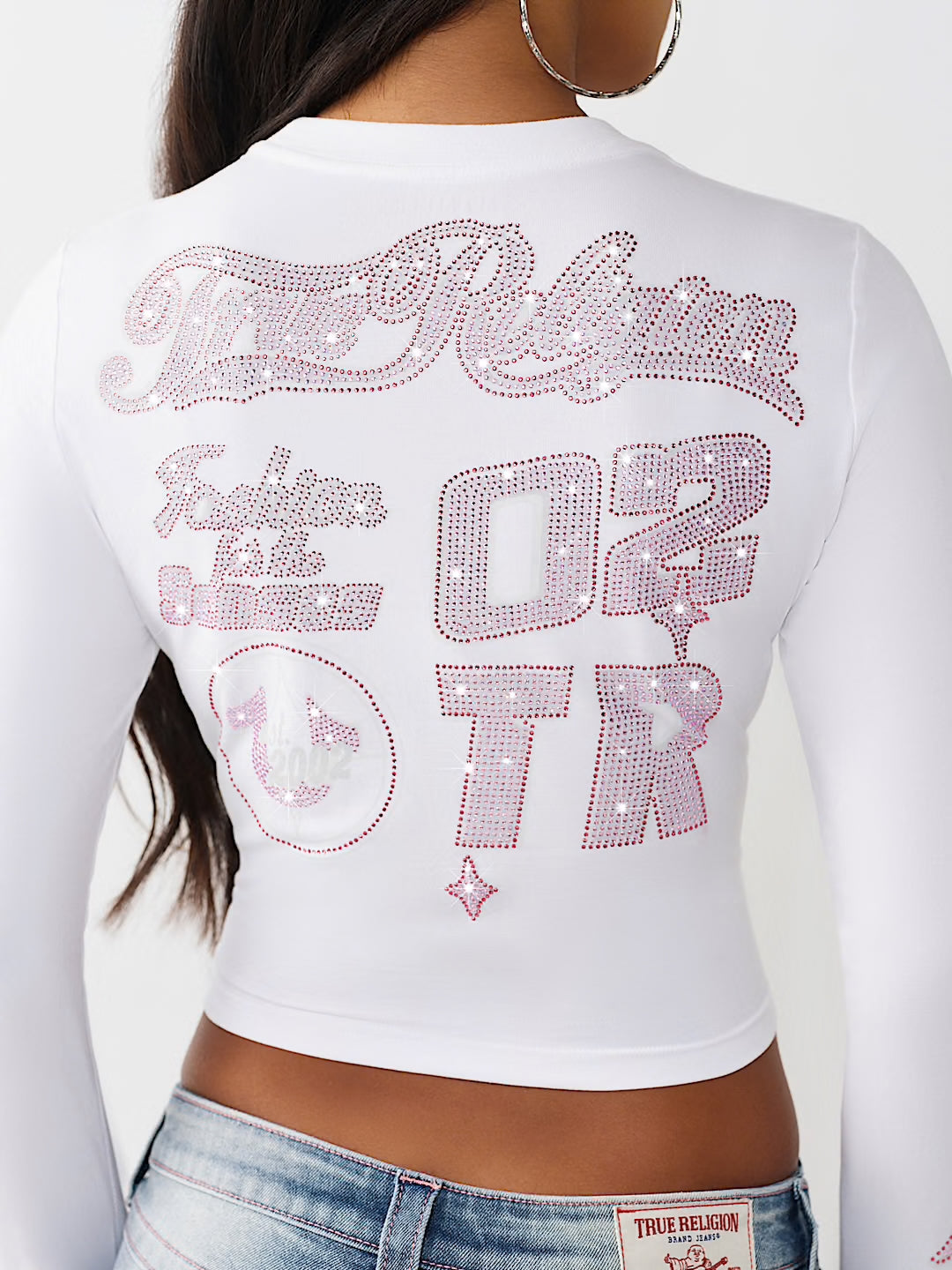 Women's True Religion Crystal Sporty Long Sleeve Baby Tee White