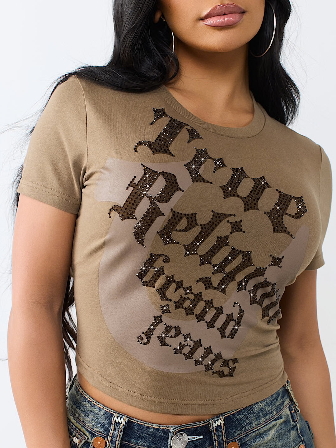 Women's True Religion Crystal Horseshoe Baby Tee Shitake