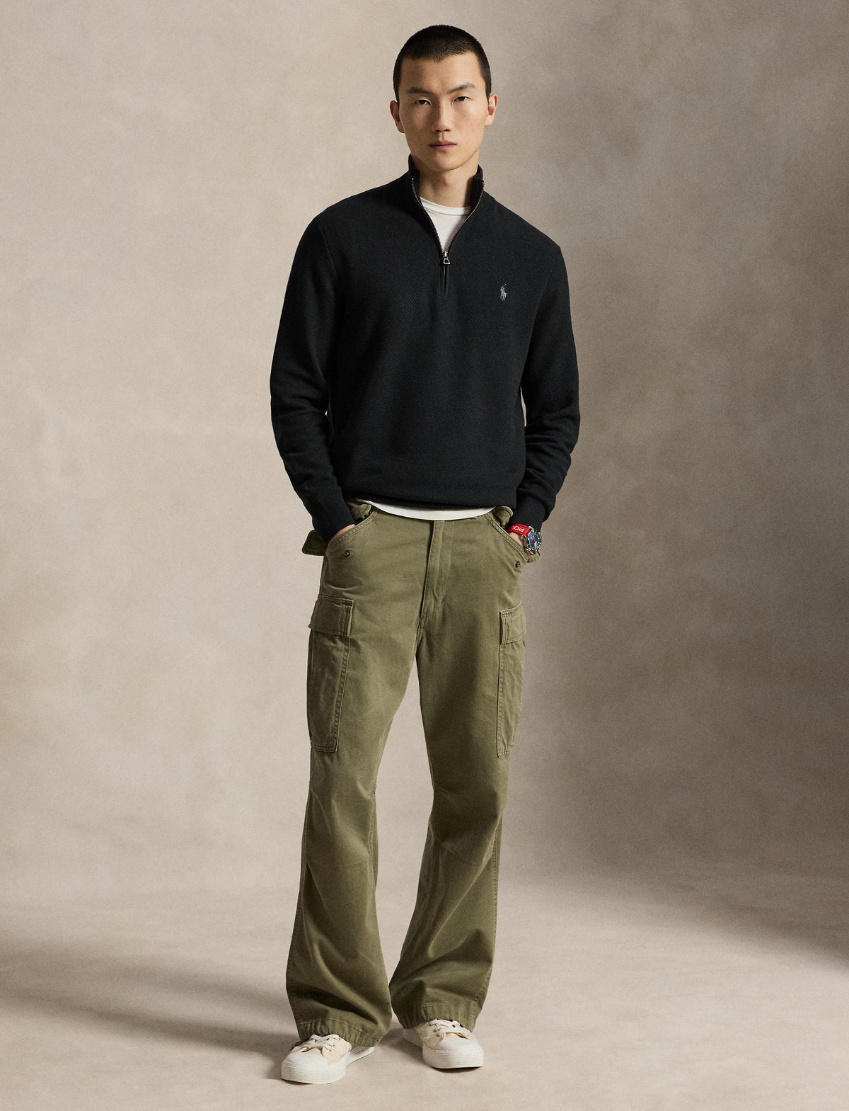 Men's Polo Ralph Lauren Mesh-Knit Cotton Quarter-Zip Sweater Black 710B18060008