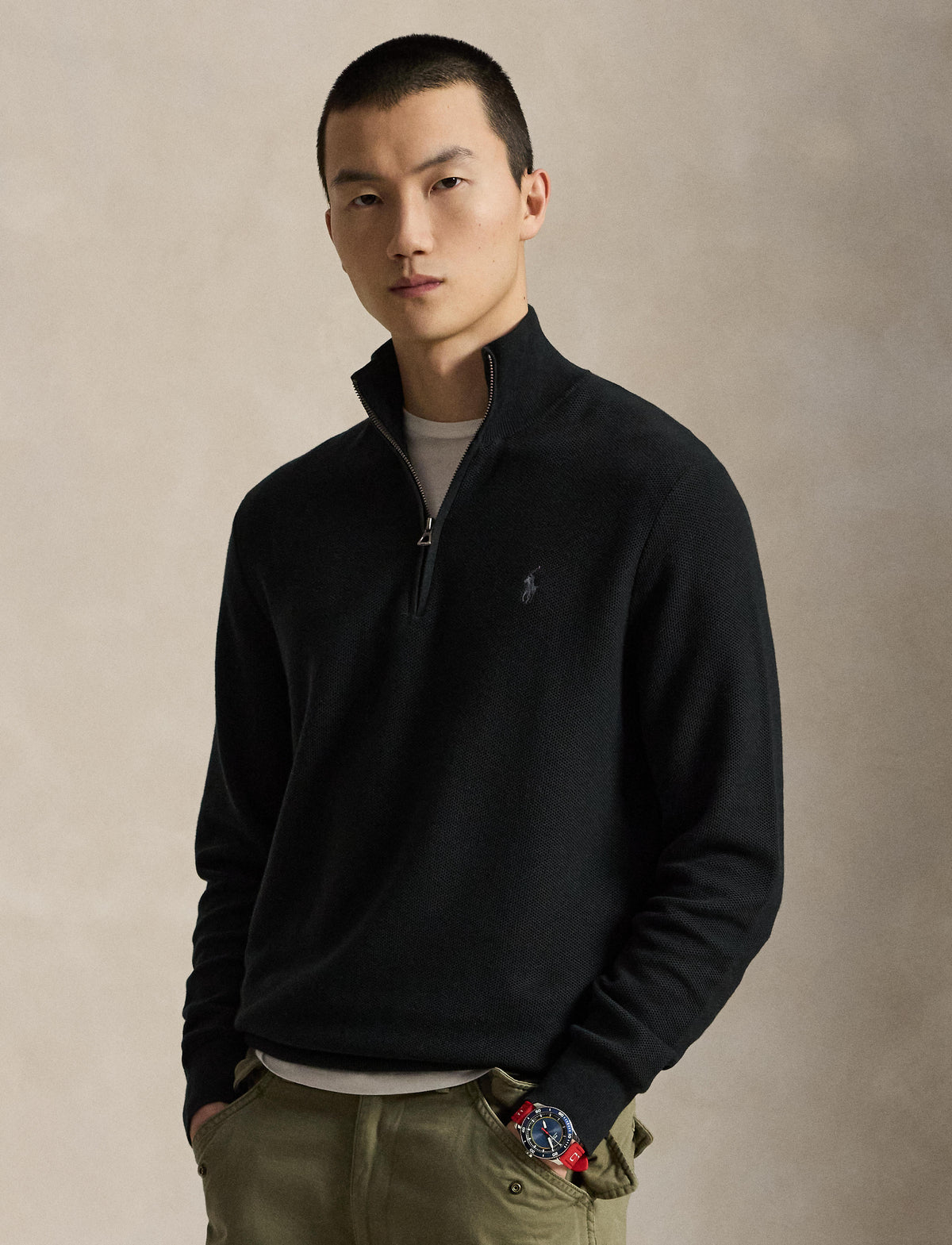 Men's Polo Ralph Lauren Mesh-Knit Cotton Quarter-Zip Sweater Black 710B18060008