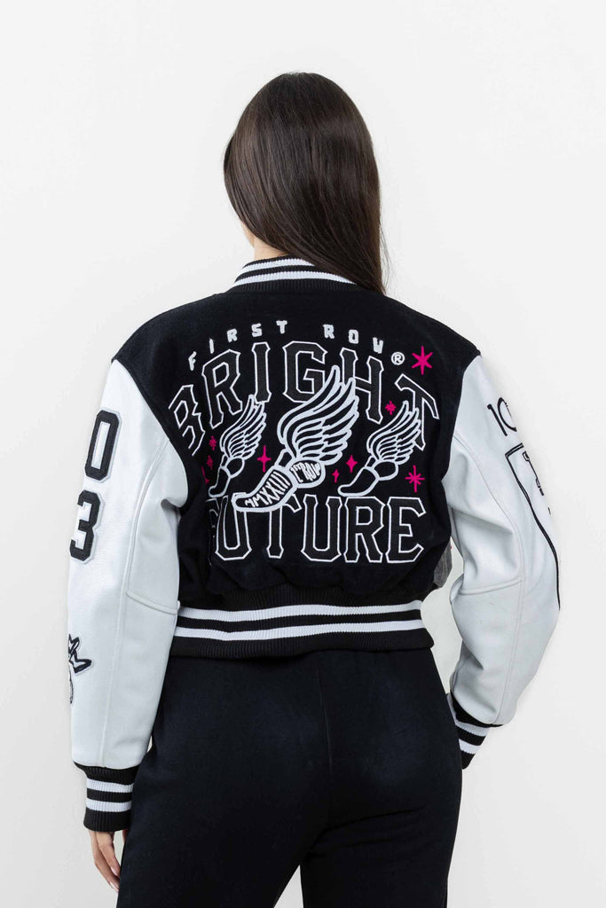 Women's First Row Bright Future Cropped Varsity Jacket Black