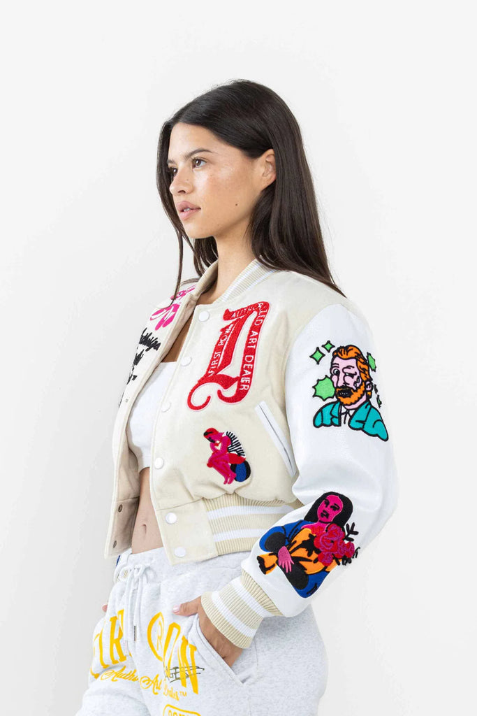 Women's First Row Art Dealer Graphic Cropped Varsity Jacket Cream