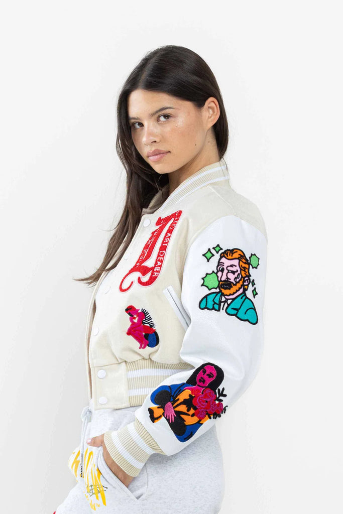 Women's First Row Art Dealer Graphic Cropped Varsity Jacket Cream