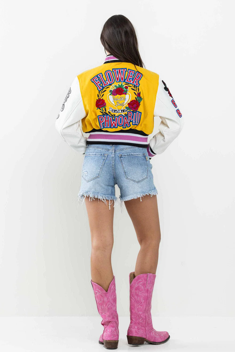 First Row Yellow Flower Phwoar Cropped Varsity Jacket M / Yellow