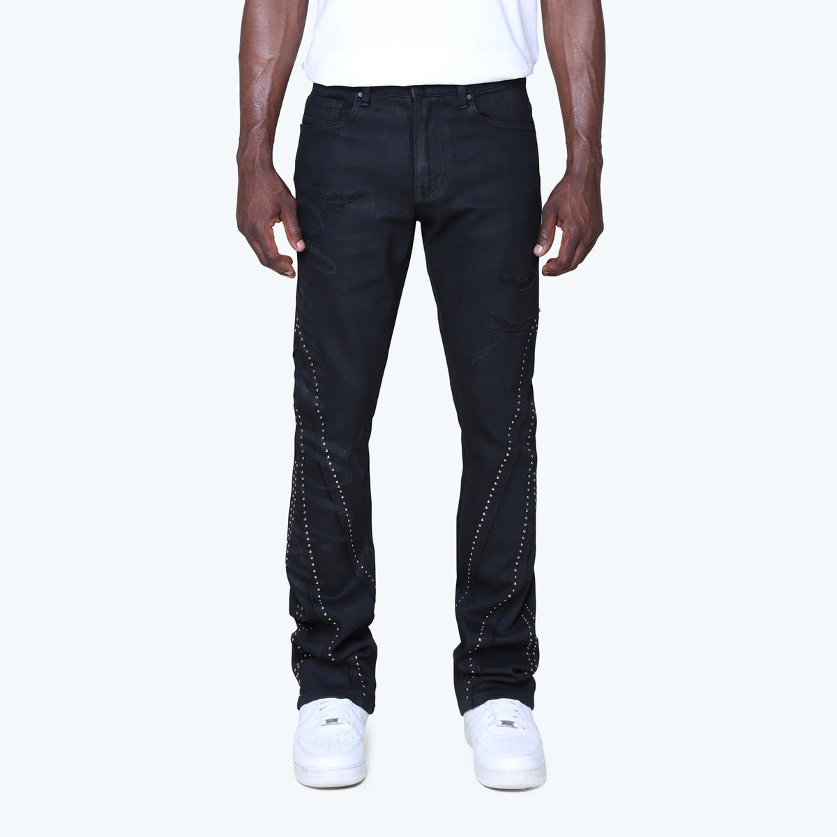 Men's Smoke Rise Lazy Stacked Barbwire Rhinestone Jeans Glow Black