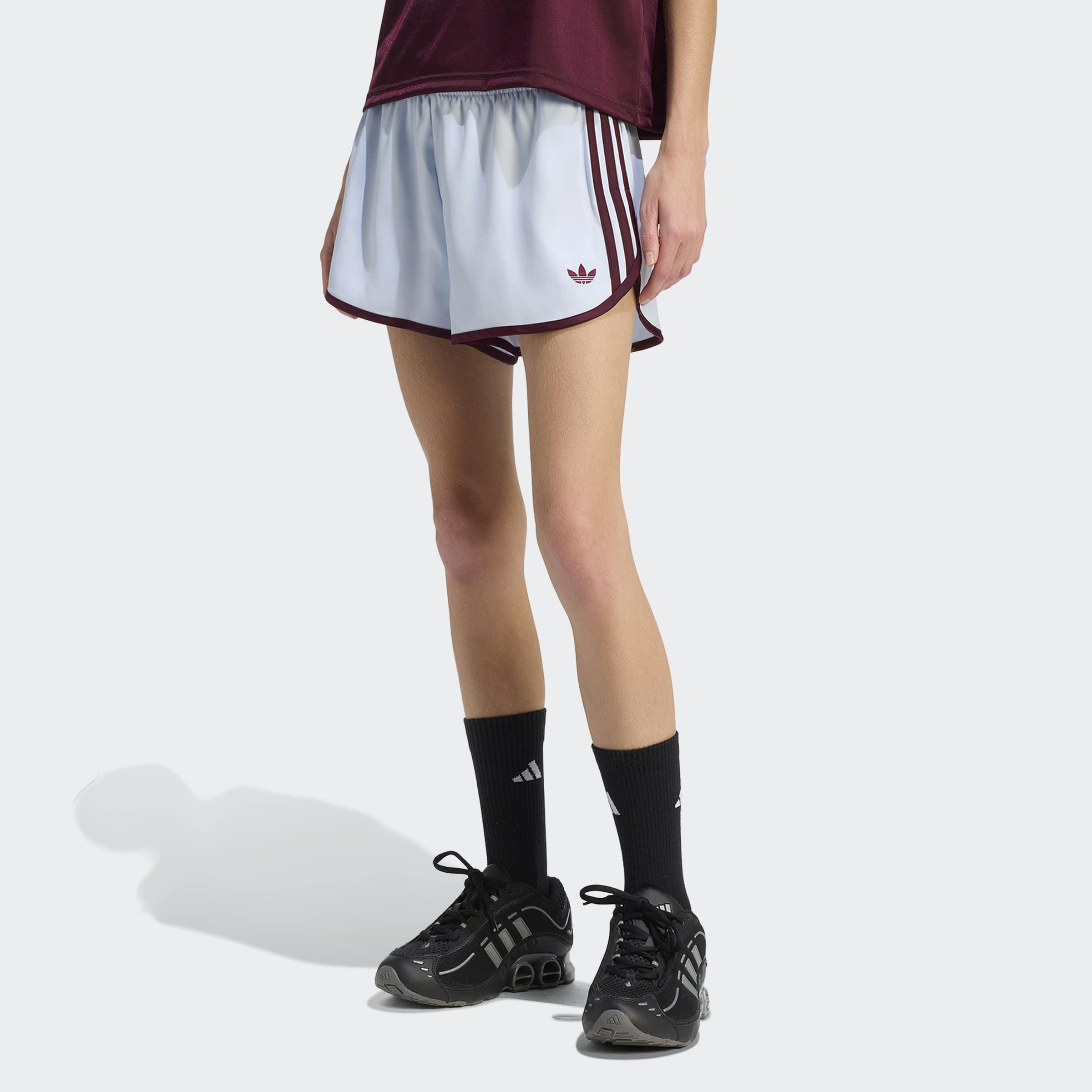 Women's adidas Originals 3-Stripes Sprinter Shorts Crystal Sky / Maroon