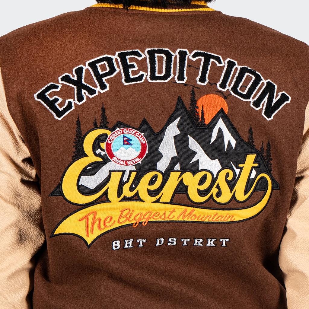 Men's TWO MILL TWENTY Everest Expedition Varsity Letterman Jacket Brown