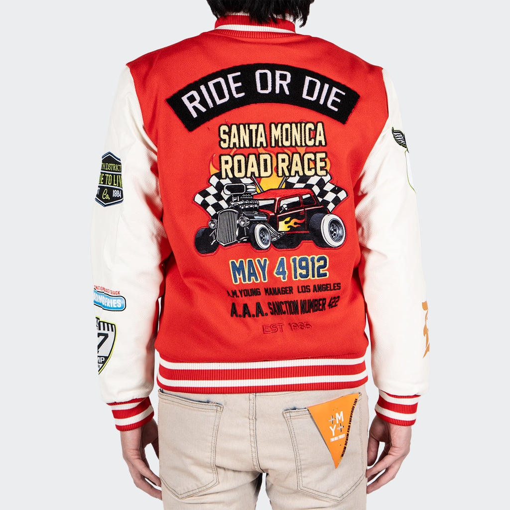 Men's TWO MILL TWENTY Ride or Die Road Race Varsity Letterman Jacket Red